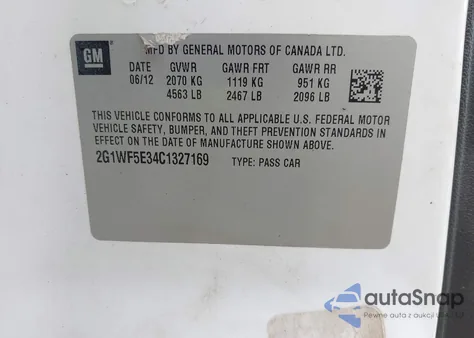 2012 Chevrolet Impala Ls z USA, uszkodzony, nr VIN 2G1WF5E34C1327169